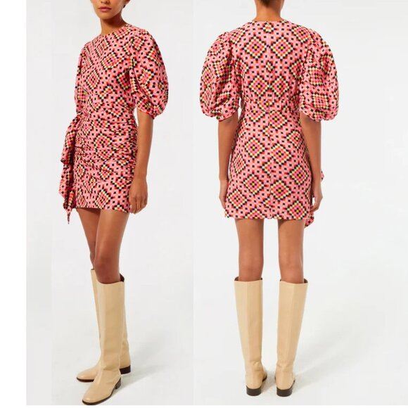 NEW $445 RHODE PIA SHIRRED MINI DRESS IN DIAMOND SUNSET PRINT SIZE 2 - Picture 2 of 6